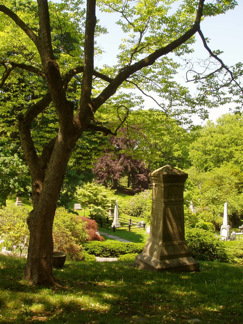 Mount Auburn Cemetery landscape in Cambridge, Massachusetts — the first rural garden cemetery in the United States, dedicated 1831