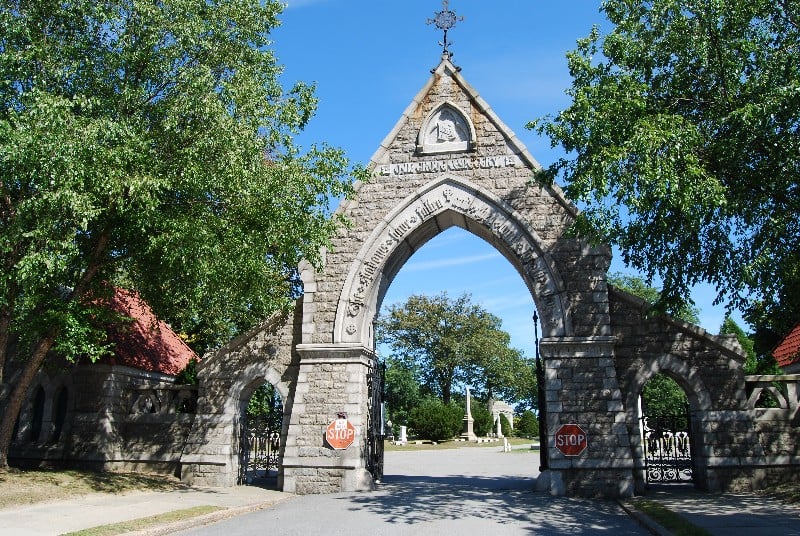 Granite entrance gateway of Oak Grove Cemetery, the 1855 garden cemetery in Fall River, Massachusetts