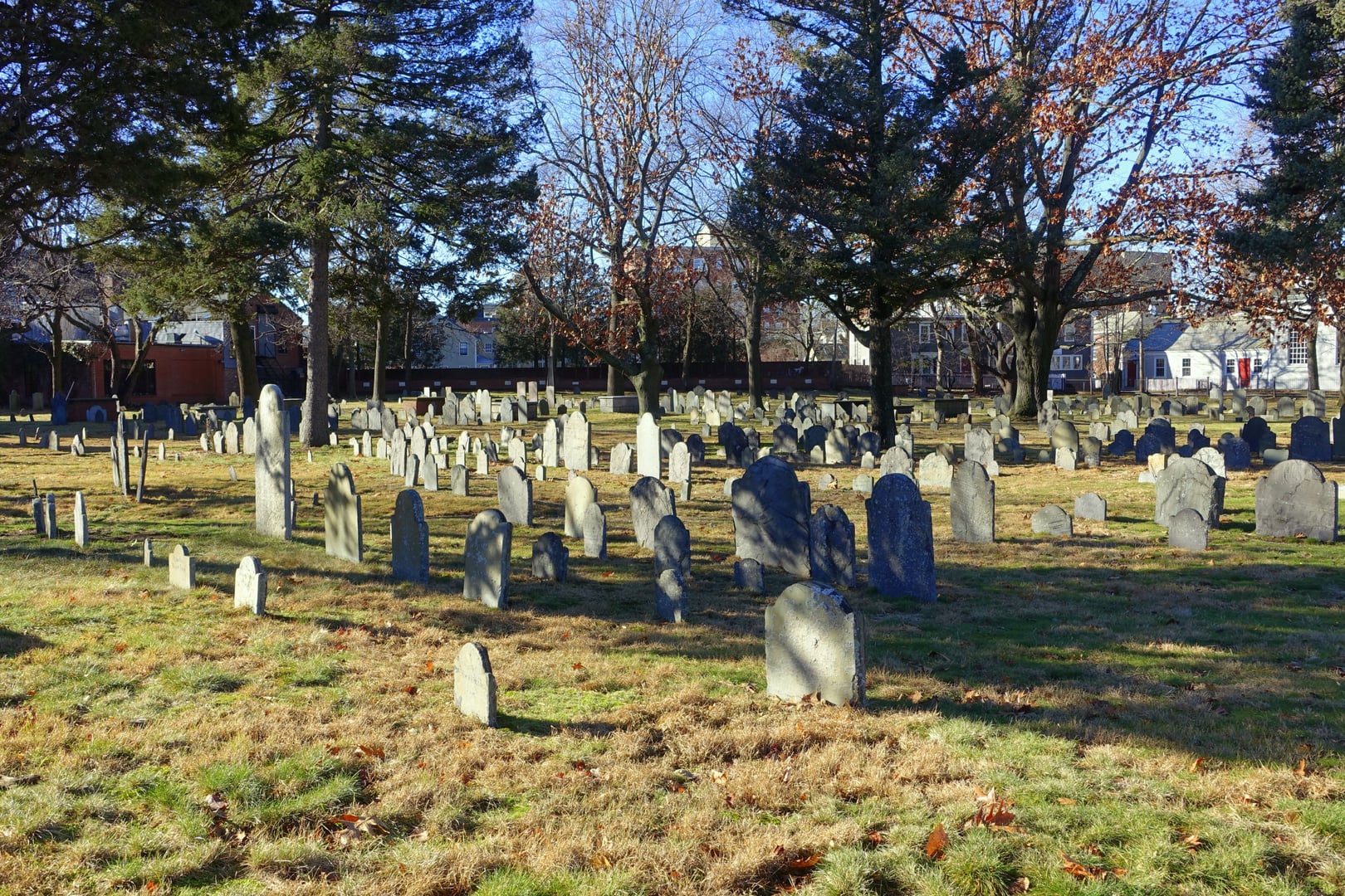 Wide view of the Old Burying Ground in Cambridge, established 1635 — a 17th-century cemetery with weathered slate gravestones along Garden Street adjacent to Cambridge Common, Massachusetts