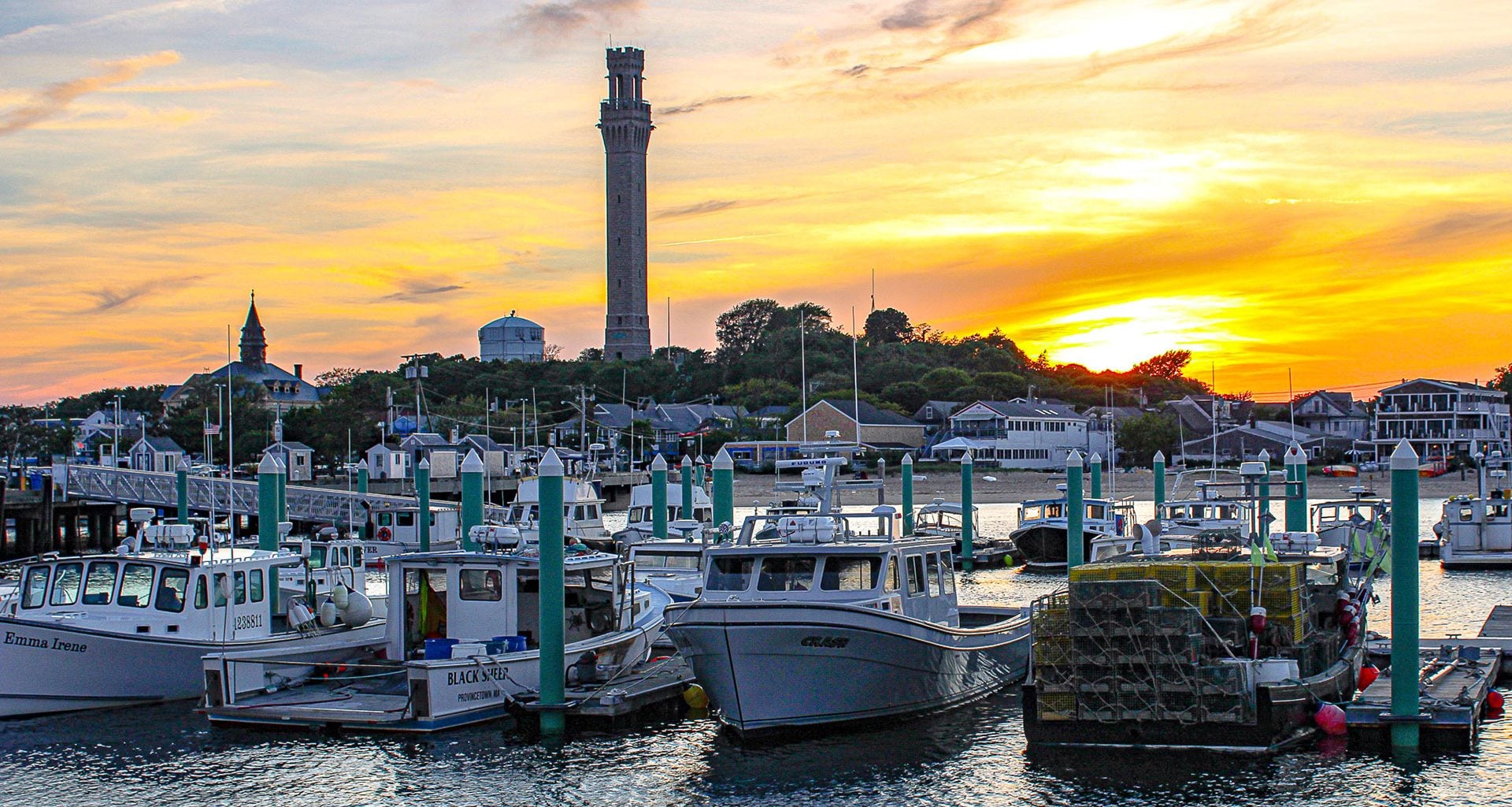 The 252-foot granite Pilgrim Monument tower rising over Provincetown on High Pole Hill