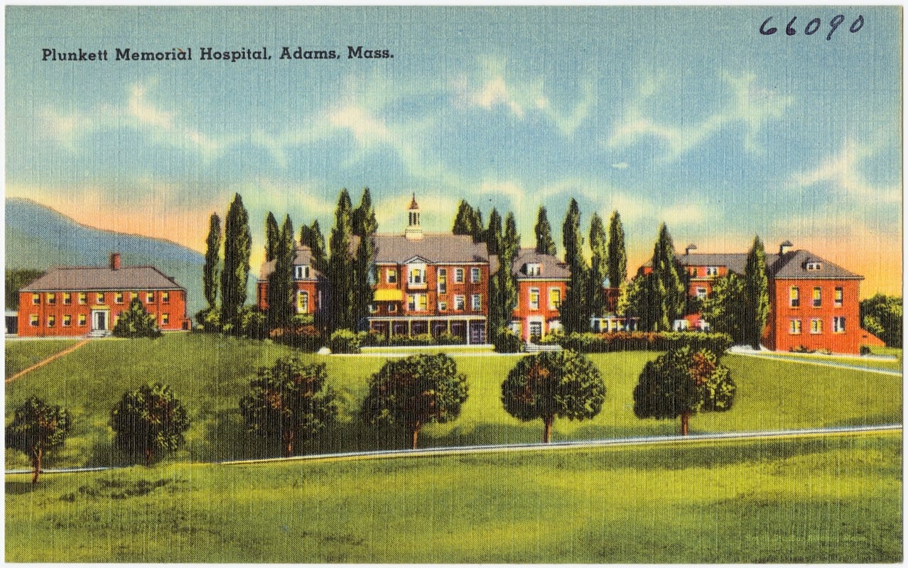 Vintage postcard exterior view of the W.B. Plunkett Memorial Hospital in Adams, Massachusetts, circa 1930–1945, showing the main building facade