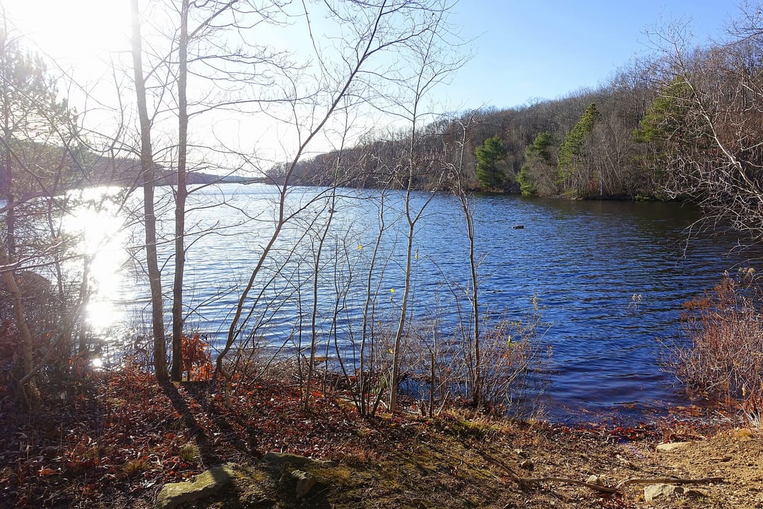 Babson Reservoir within the Dogtown conservation land on Cape Ann, seen from the shoreline trail.