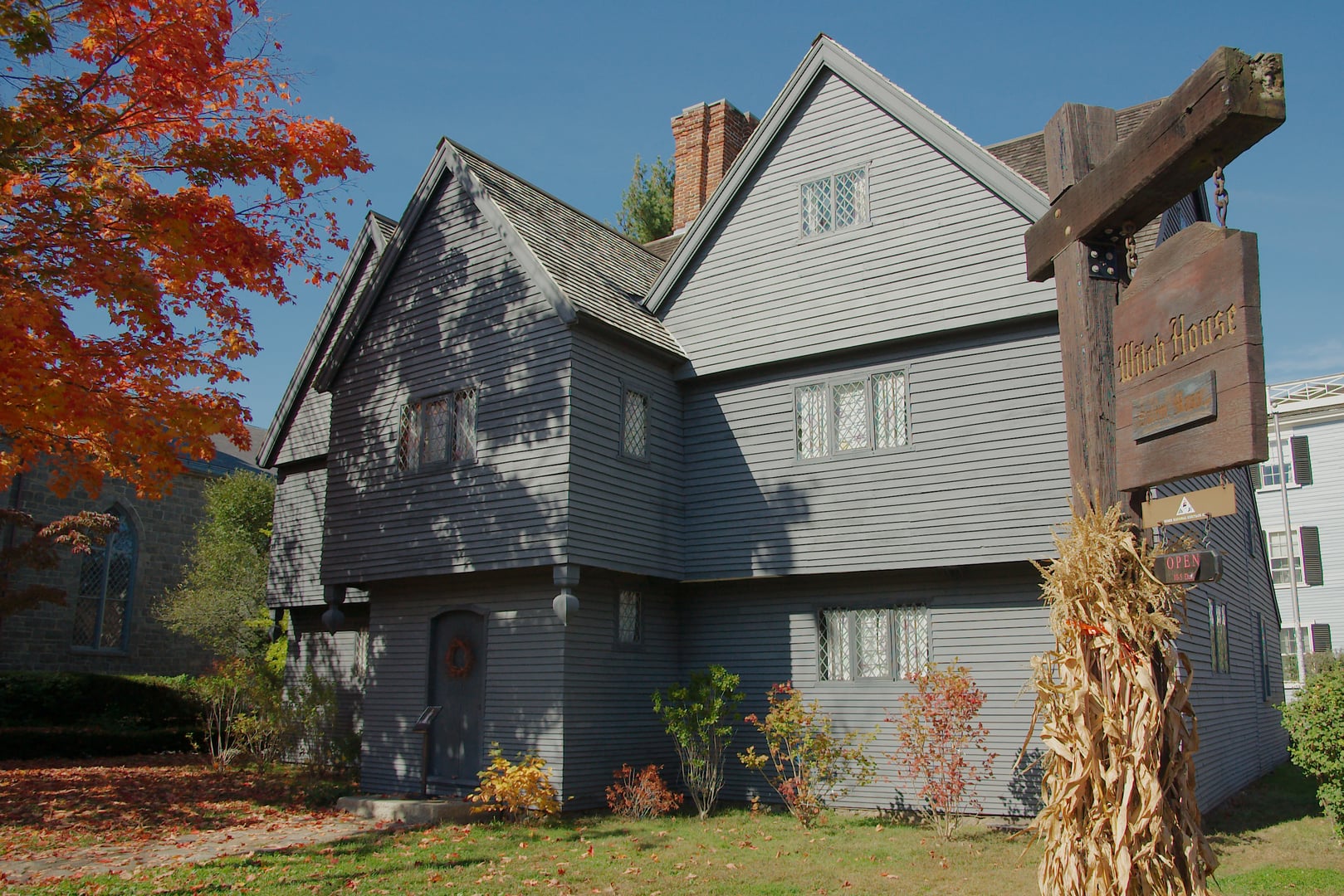 The Witch House (Jonathan Corwin House) in Salem, Massachusetts, a 17th-century black-framed Colonial home with steep gables