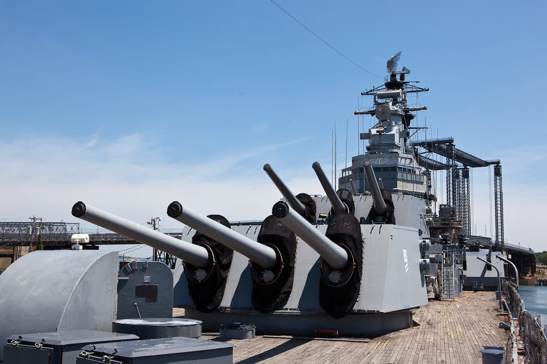 The triple 8-inch/55-caliber Mark 16 gun turret aboard the museum ship USS Salem, the self-loading guns that made the Des Moines class the most heavily armed cruisers the Navy built.