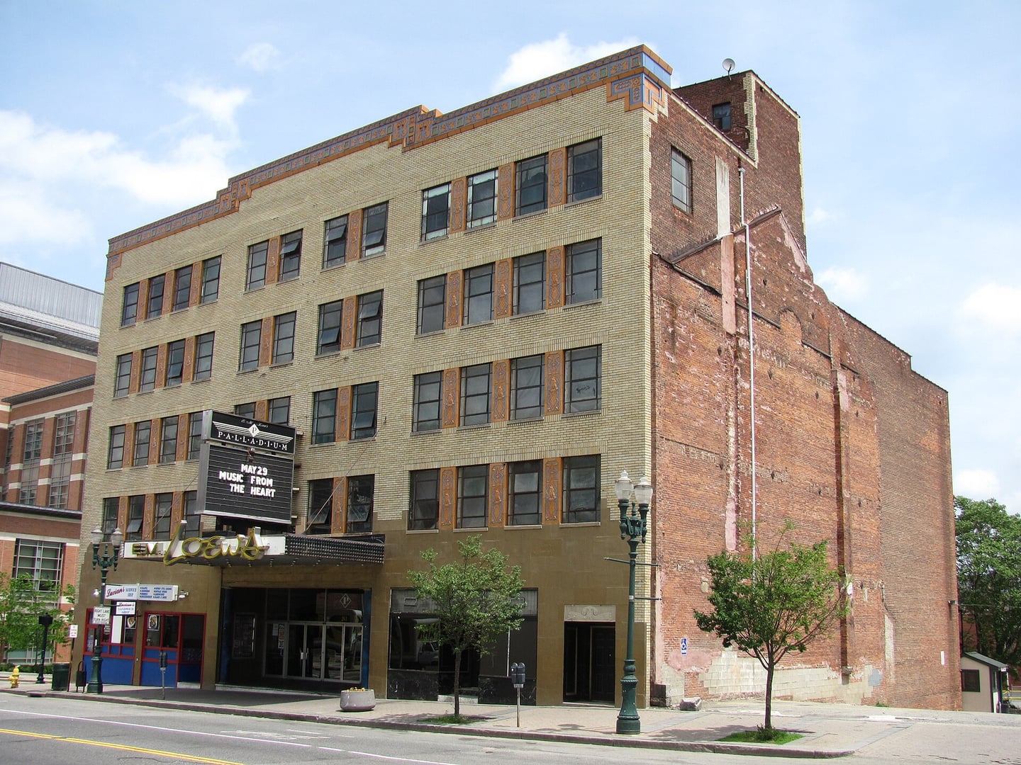The Palladium at 261 Main Street in downtown Worcester, Massachusetts, showing the exterior facade of the 1928 Plymouth Theatre building