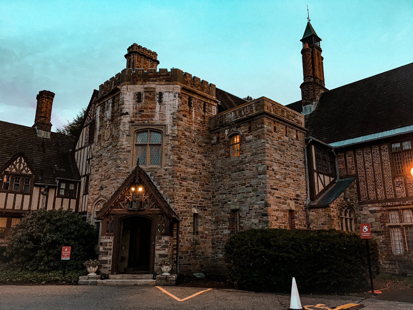 Tudor Revival exterior of the Aldus Chapin Higgins House on the Worcester Polytechnic Institute campus, modeled on Compton Wynyates Castle and built by Aldus and Mary Higgins in the early 1920s, Worcester, Massachusetts