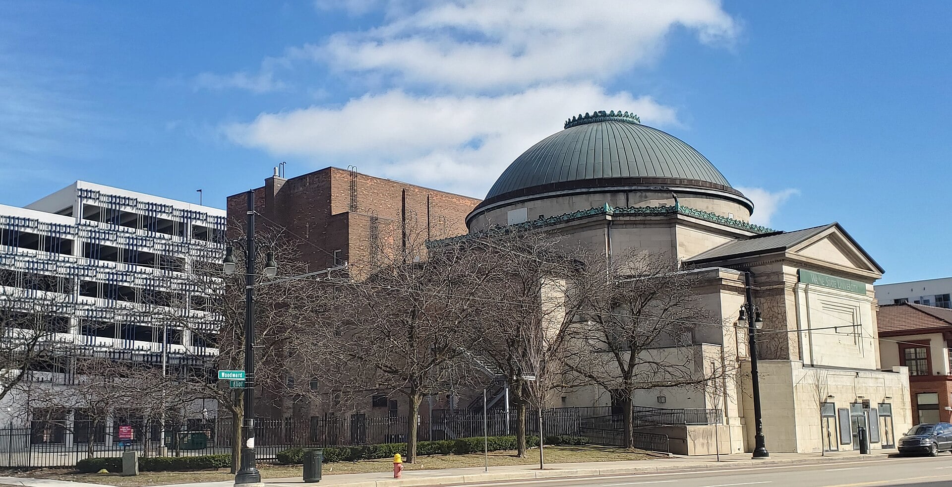 Bonstelle Theatre domed neoclassical exterior at 3424 Woodward Avenue in Detroit's Midtown, originally Temple Beth-El, designed by Albert Kahn