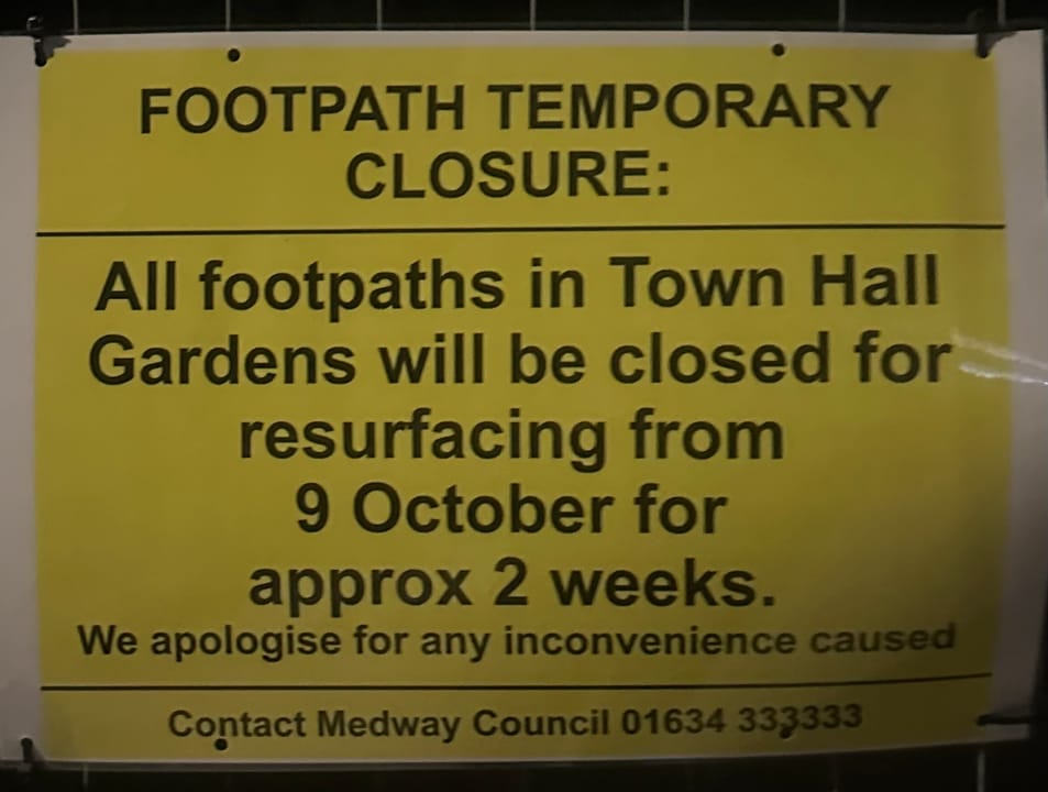 Medway Council footpath closure notice for Town Hall Gardens resurfacing at Whiffens Avenue near Garrison Point and Great Lines Heritage Park entrance, Chatham, Kent, England, 15 October 2025