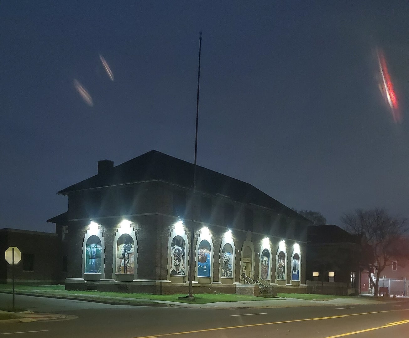 Former Detroit Police 6th Precinct McGraw Station at 6840 McGraw Avenue, Detroit, Michigan, photographed at night in 2020
