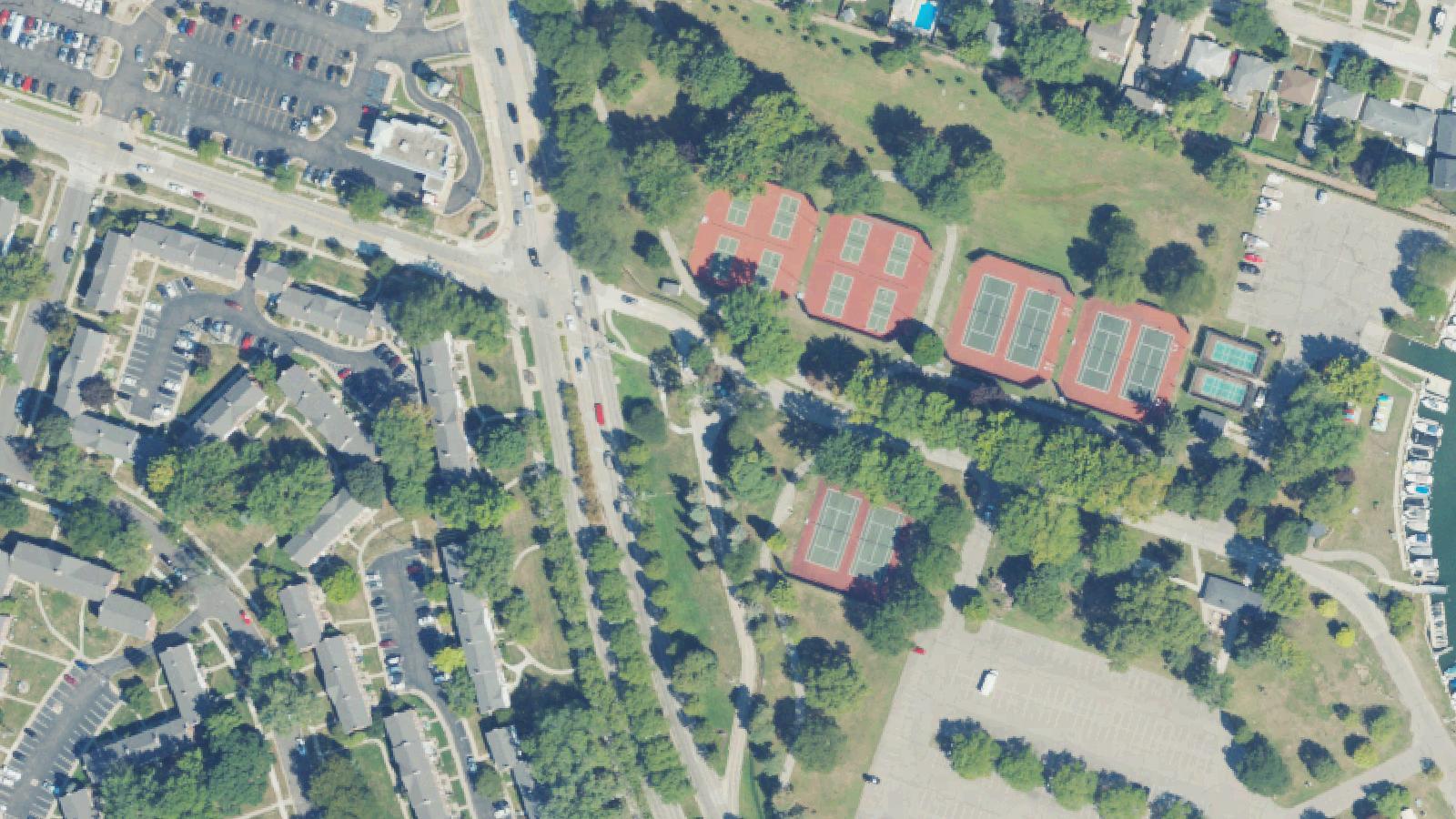 Aerial survey view of Grosse Pointe Woods Lake Front Park Bath House