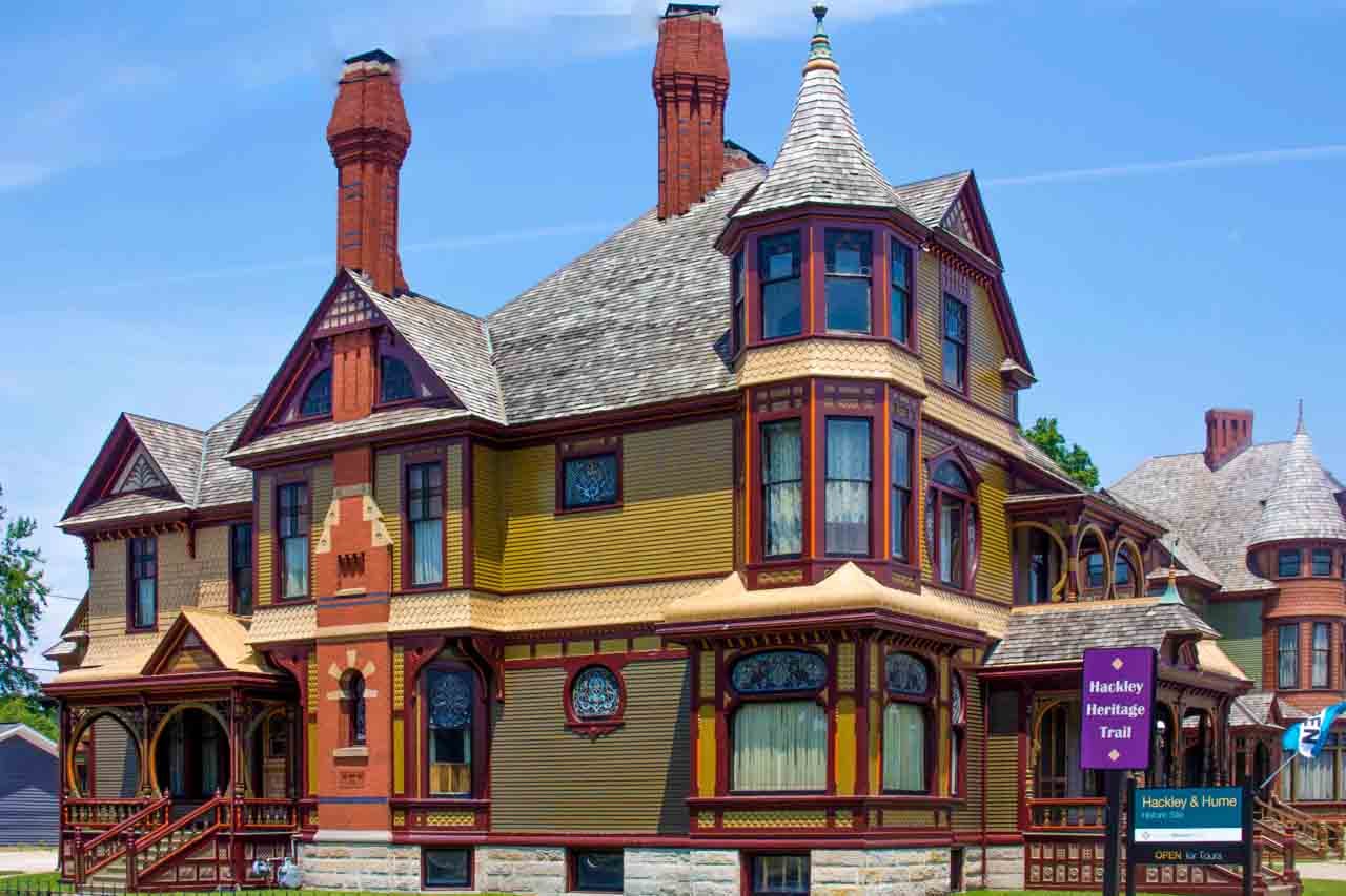 Hackley House and Hume House twin Victorian mansions West Webster Avenue Muskegon Michigan exterior