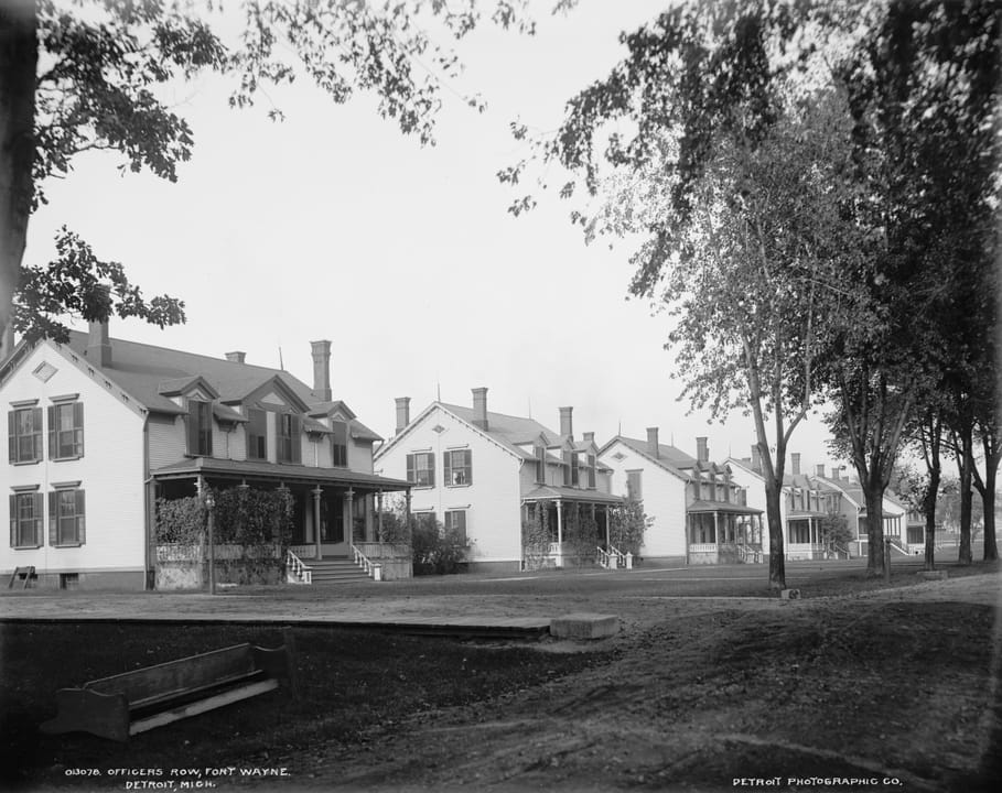 Officers' Row at Fort Wayne, Detroit, photographed by the Detroit Publishing Company around 1900, showing the same houses that still stand on the site today.