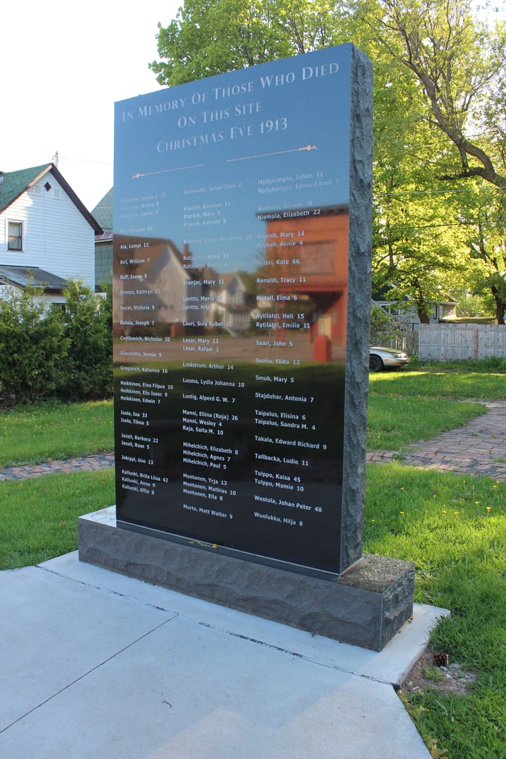 Preserved brick archway of the former Italian Hall in Calumet Michigan, now an NPS memorial park commemorating the 1913 Christmas Eve disaster