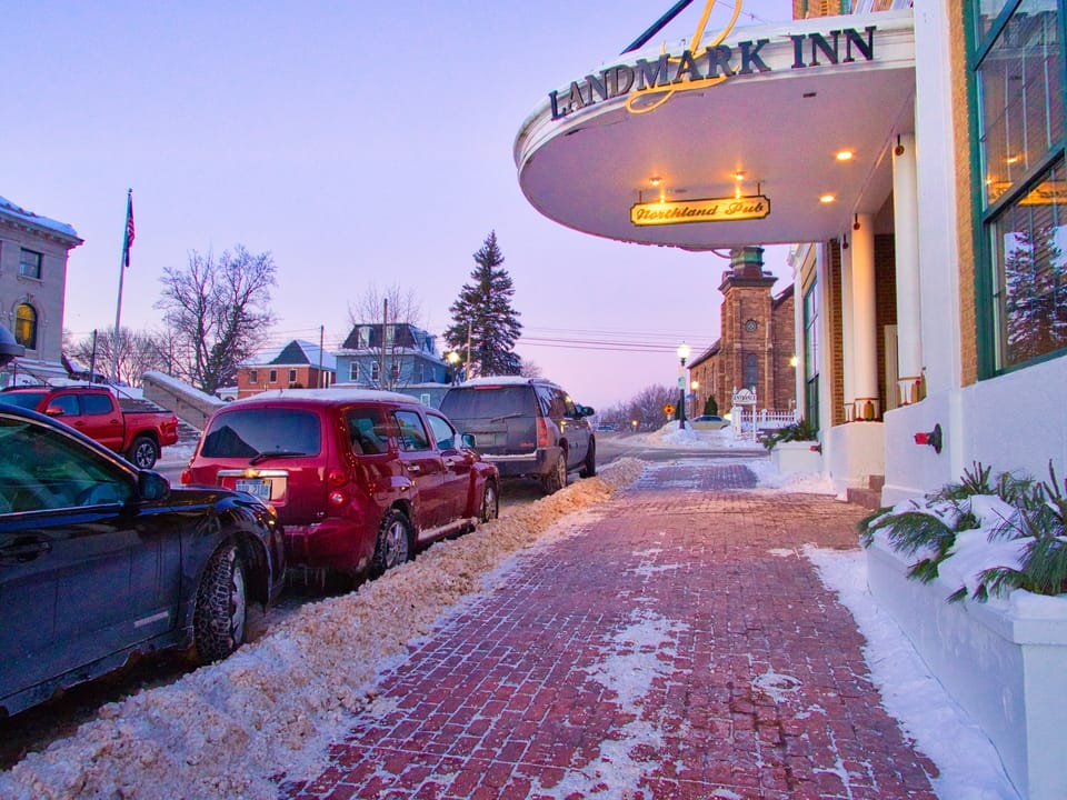 Exterior of the Landmark Inn, a 1930 brick hotel originally the Northland Hotel, in downtown Marquette, Michigan
