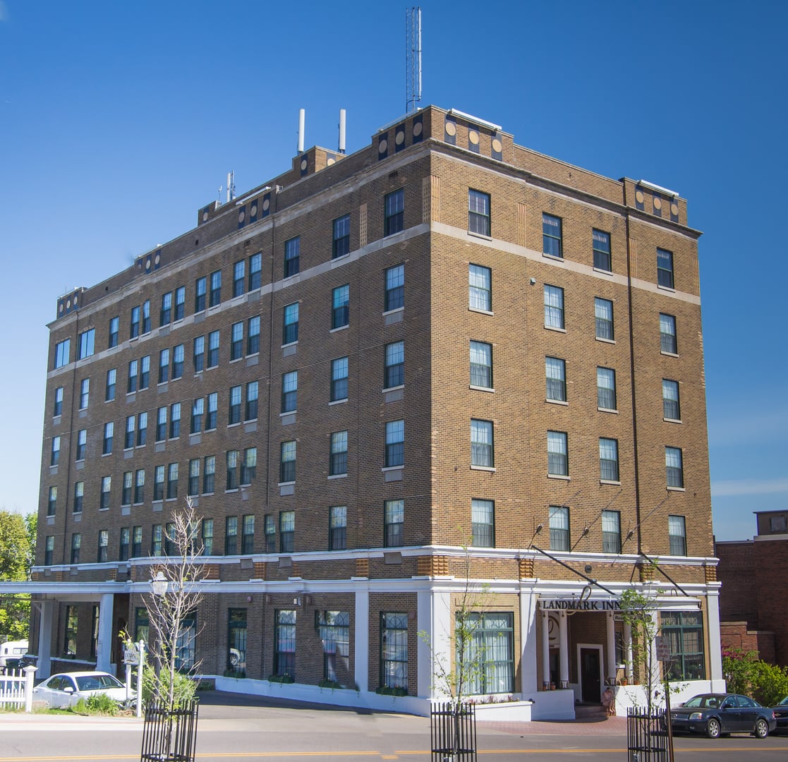 Exterior of the Landmark Inn, a 1930 brick hotel originally the Northland Hotel, in downtown Marquette, Michigan