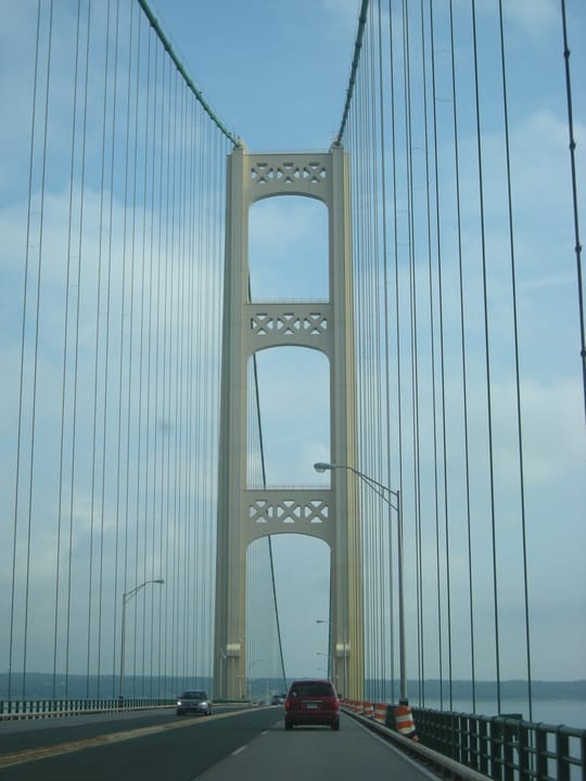 A view of the Mackinac Bridge from the bridge deck crossing the Straits of Mackinac in Michigan (United States).