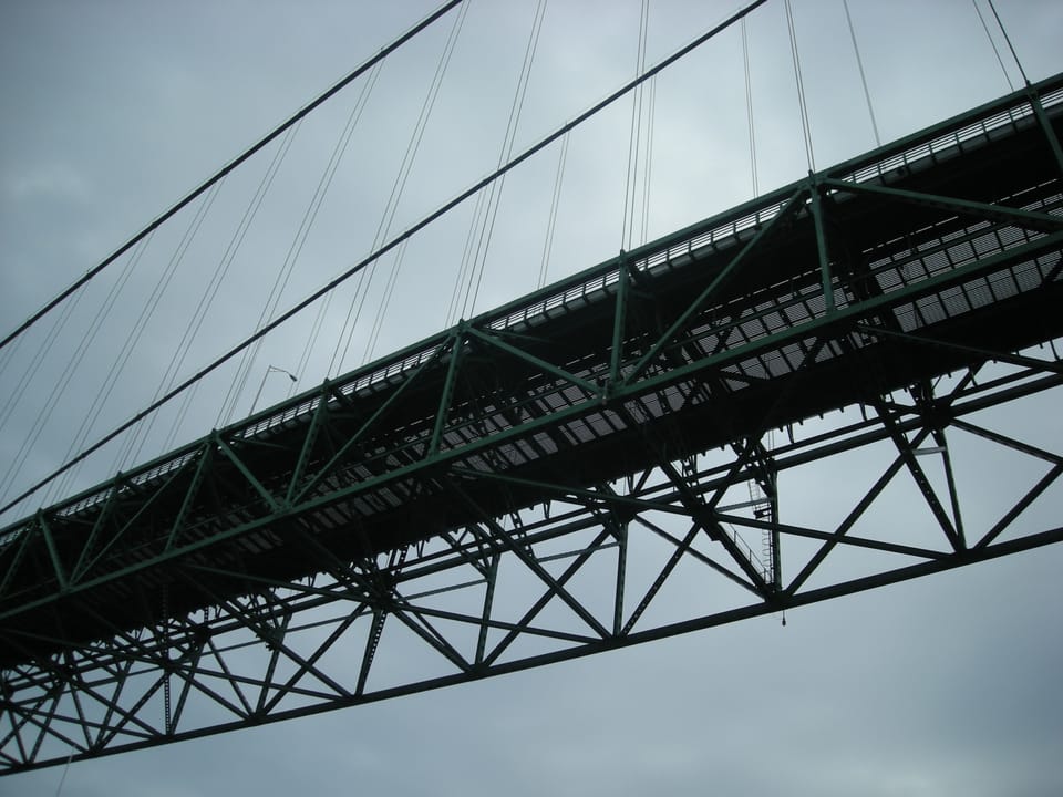 A view of the Mackinac Bridge from a ferry sailing the Straits of Mackinac in Michigan (United States).