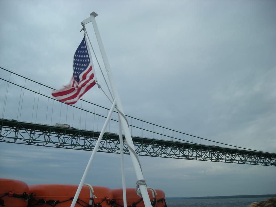 A view of the Mackinac Bridge from a ferry sailing the Straits of Mackinac in Michigan (United States).
