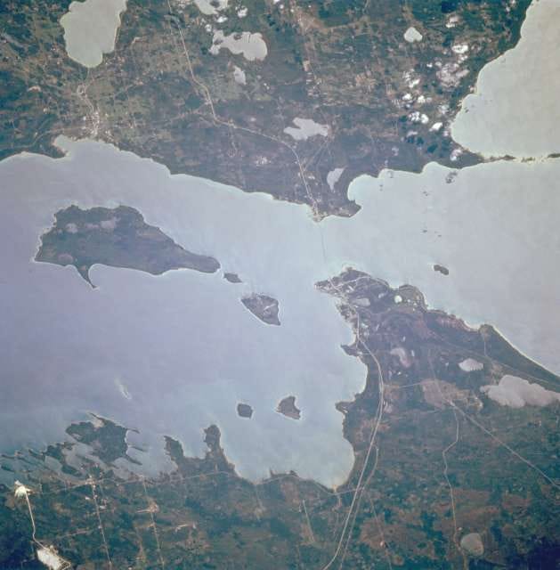Straits of Mackinac, Michigan, U.S.A. October 1994. South is up.