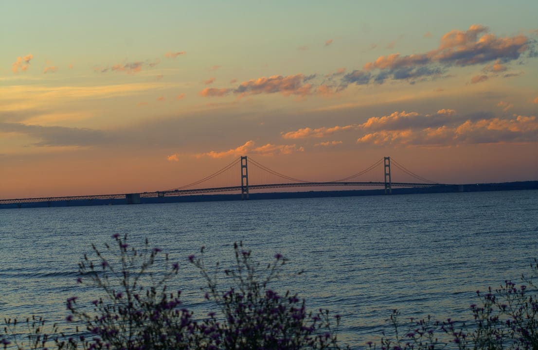 A picture of the Mackinac Bridge. The photo was taken from the southern shore of the Straits of Mackinac facing West.