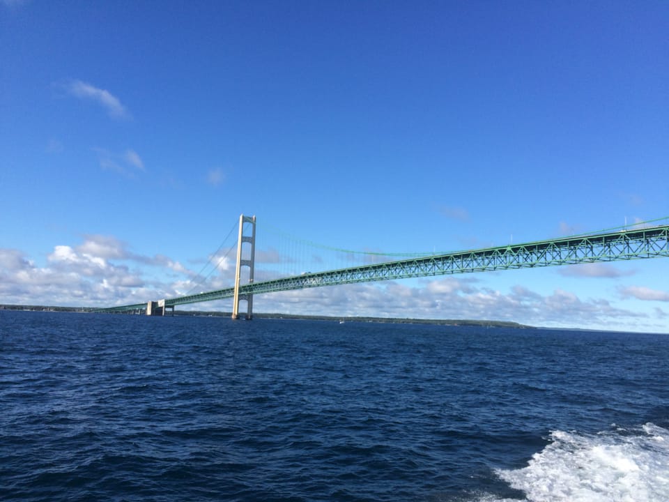 A view of the Mackinac Bridge from the Straits of Mackinac on 21 August 2015.