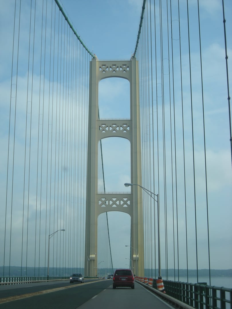 A view of the Mackinac Bridge from the bridge deck crossing the Straits of Mackinac in Michigan (United States).