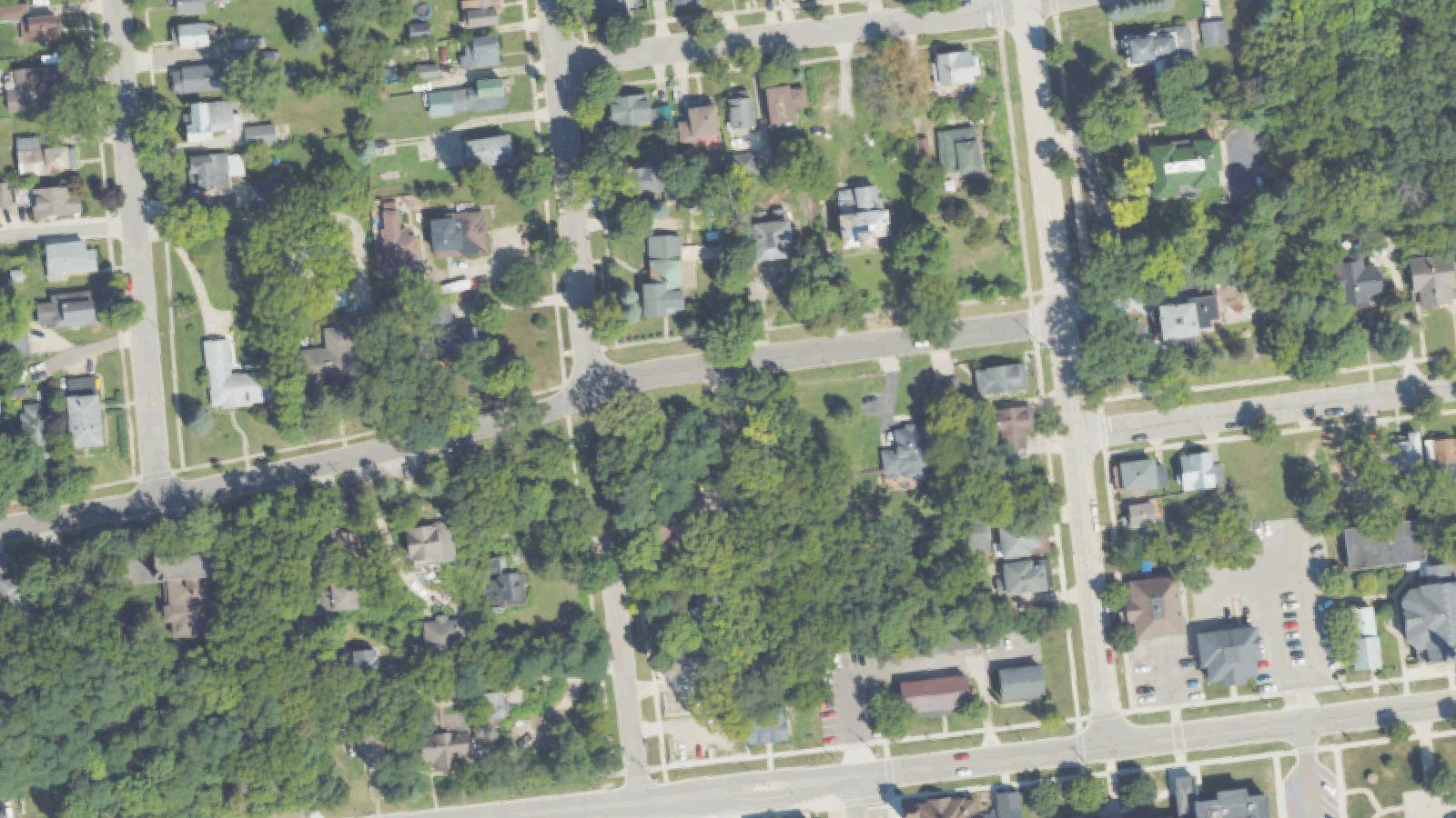 Aerial survey view of Mill Street Railroad Crossing (Fred Meijer Trail)