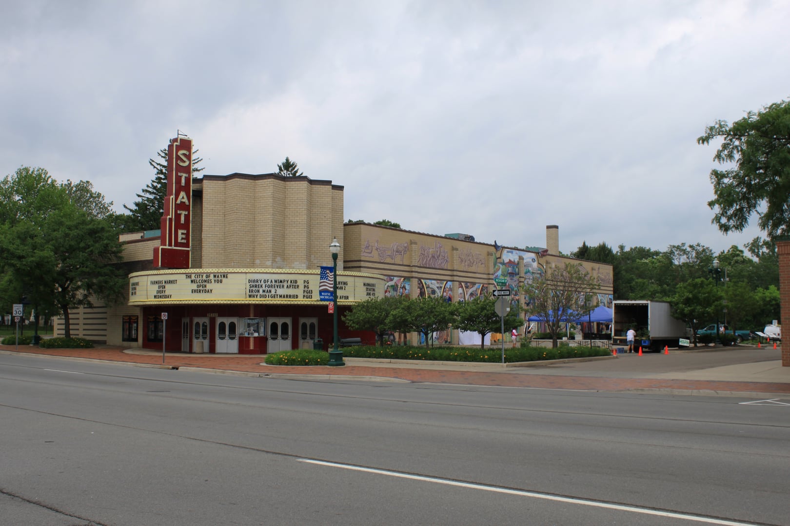 The State-Wayne Theater on Michigan Avenue in Wayne, Michigan, 1946 art deco marquee facade