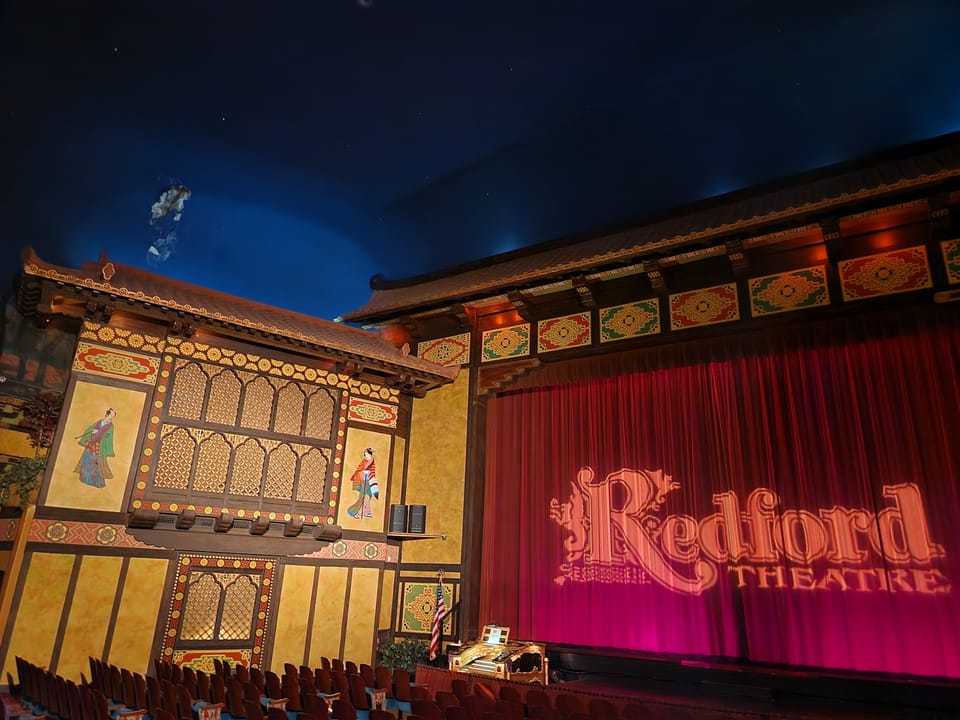 Exterior of the Redford Theatre, a 1928 atmospheric Japanese-motif movie palace at 17360 Lahser Road in Detroit, Michigan