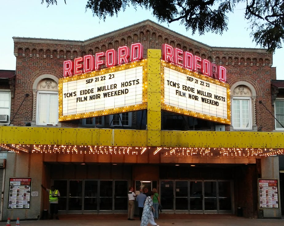Exterior of the Redford Theatre, a 1928 atmospheric Japanese-motif movie palace at 17360 Lahser Road in Detroit, Michigan