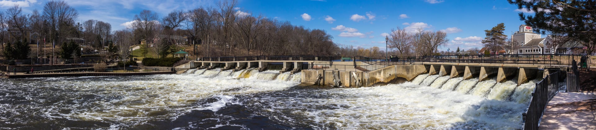 Rockford Dam on the Rogue River in downtown Rockford, Michigan, viewed at first light