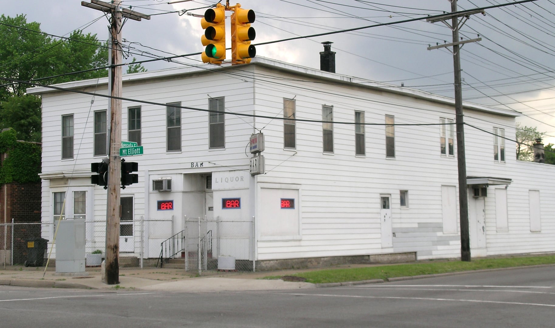Two Way Inn exterior — 1876 wood-frame corner bar at Mt Elliott and Nevada in Detroit's Nortown