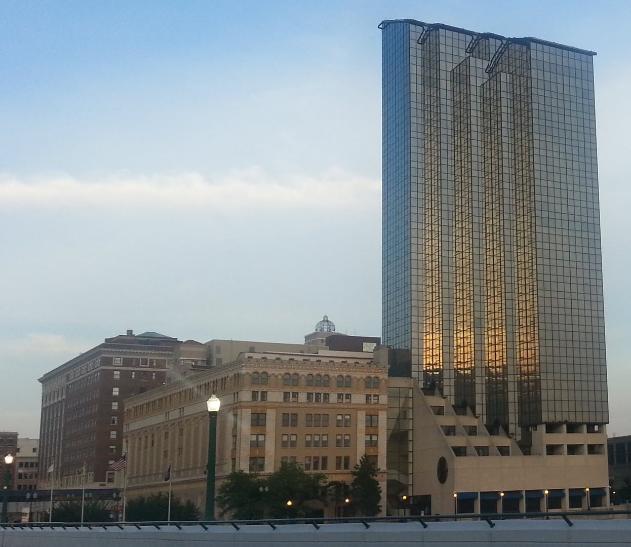 Amway Grand Plaza Hotel and downtown Grand Rapids riverfront viewed from the Grand River, Michigan