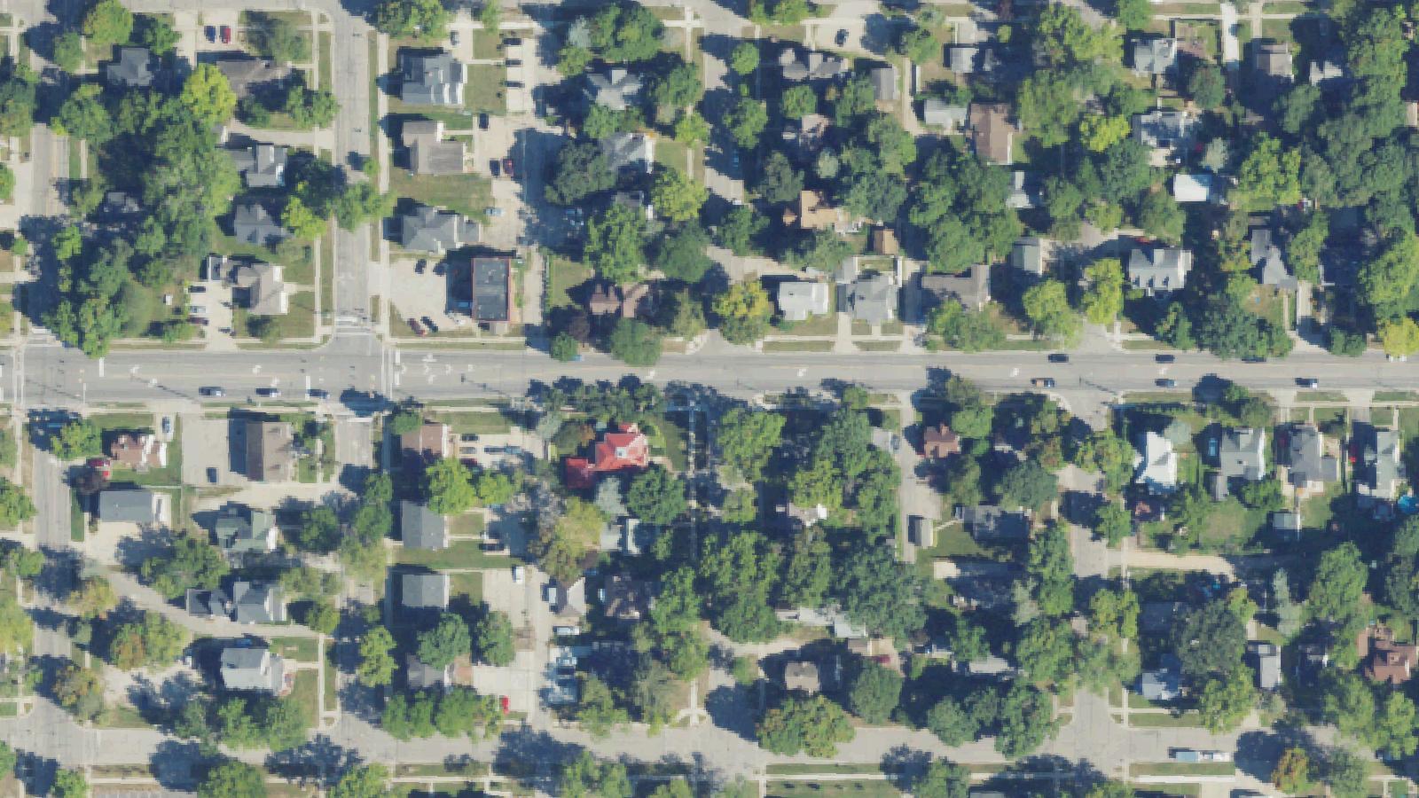 Aerial survey view of Warriner Hall, Central Michigan University