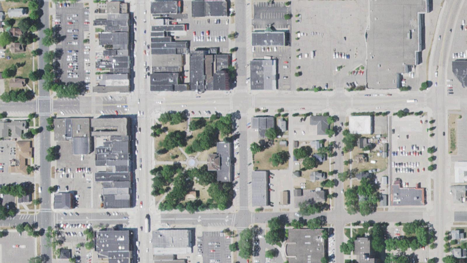 Aerial survey view of Attack on Hutchinson Stockade Monument — Library Square