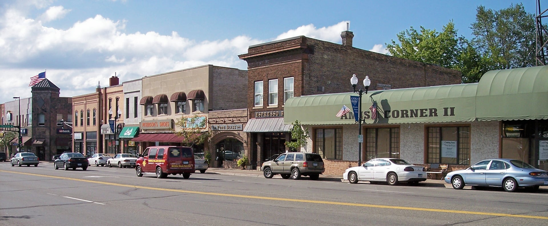 Historic Main Street in downtown Anoka, Minnesota, the late-1800s commercial district that includes the Jackson Hotel building housing Billy's Bar and Grill