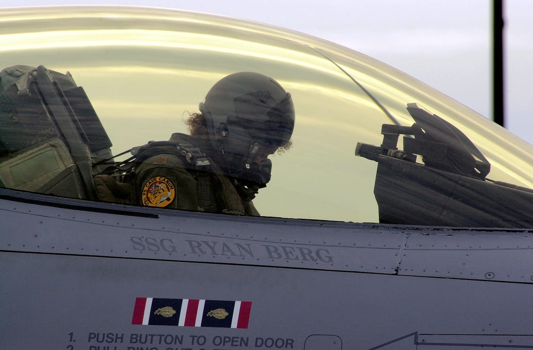 An F-16 Pilot with the 179th Fighter Squadron, 148th Fighter Wing, Duluth International Airport, takes a final moment to mentally prepare for the extreme possibility of having to shoot down a passenger aircraft during the upcoming CAP (Combat Air Patrol) assignment. The order issued from NORAD on Se