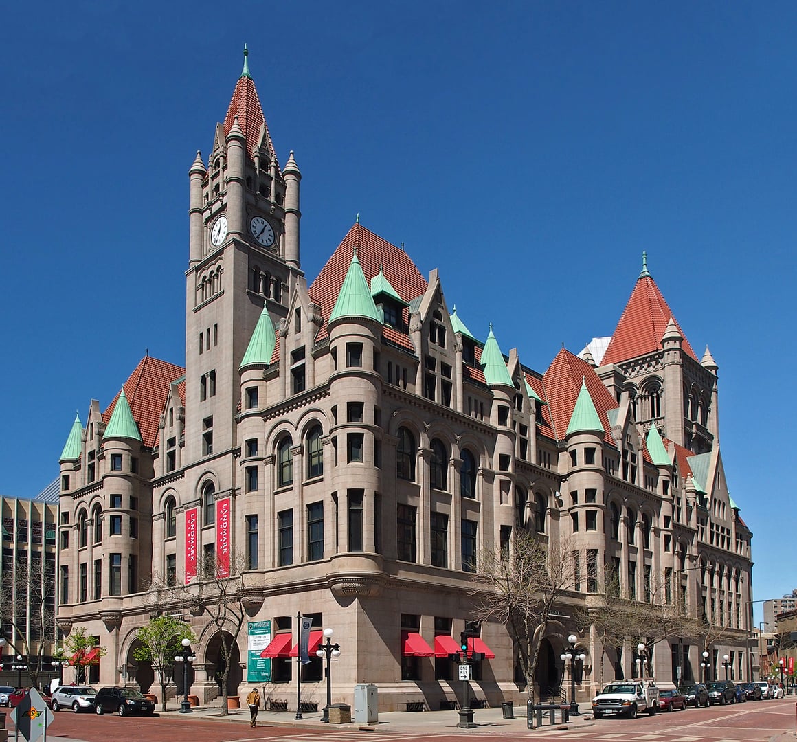 Southeast exterior view of Landmark Center, the 1902 Romanesque Revival former federal courthouse in St. Paul, Minnesota