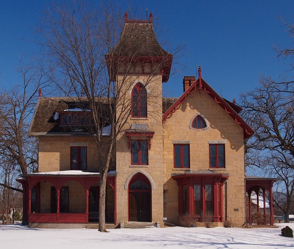 Gothic Revival LeDuc Historic Estate mansion with decorative woodwork and pointed gables viewed from the west, Hastings, Minnesota