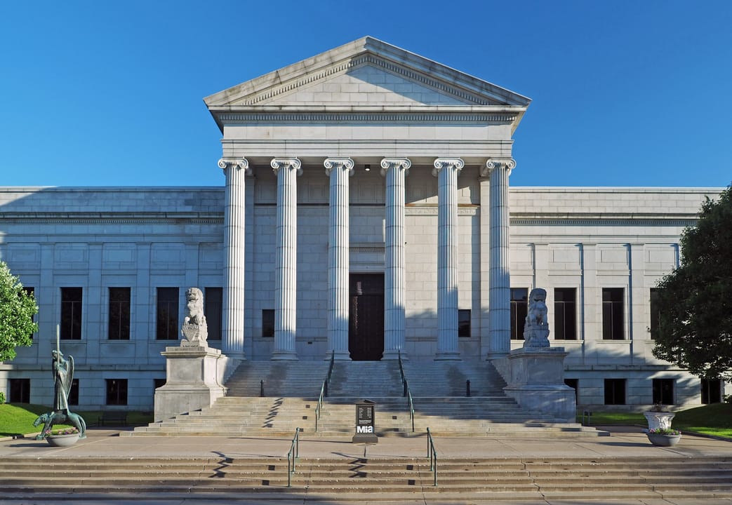 Straight-on view of the Minneapolis Institute of Art's Ionic-columned entrance portico, 2400 3rd Ave S, Minneapolis, 2018.