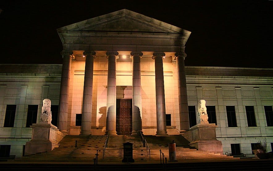 The illuminated front steps and portico of the Minneapolis Institute of Arts at night, 2006.