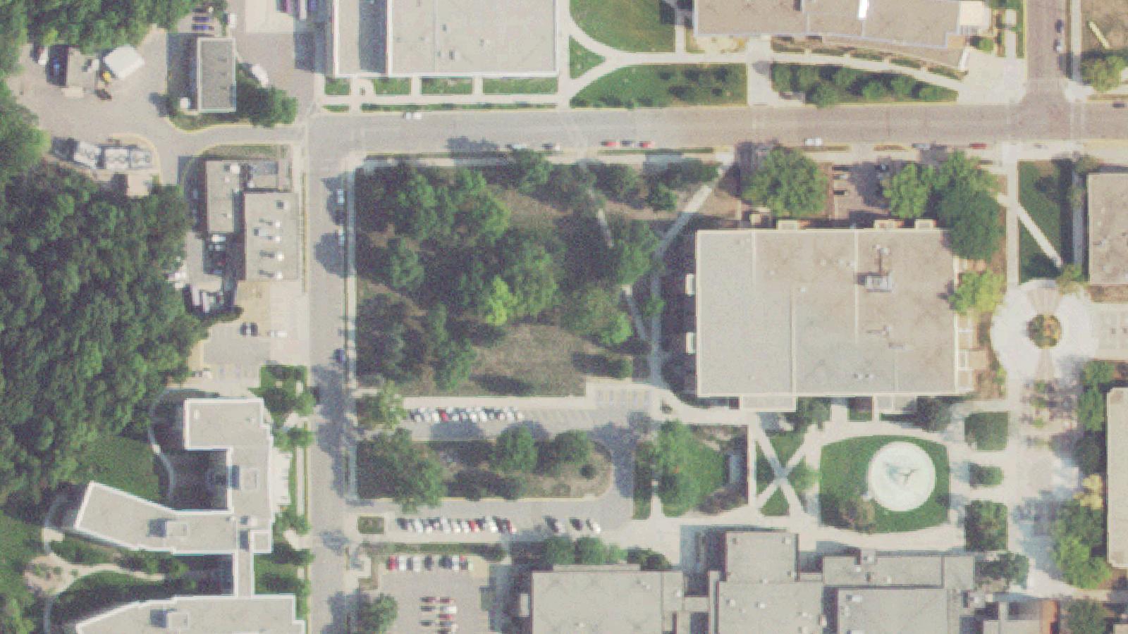 Aerial survey view of Minnesota State University Mankato — Crawford Hall