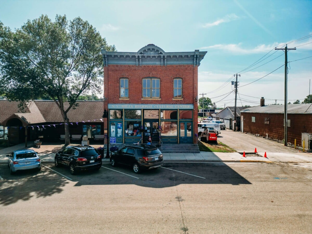 Aerial view of the New York Mills Regional Cultural Center building in New York Mills, Minnesota