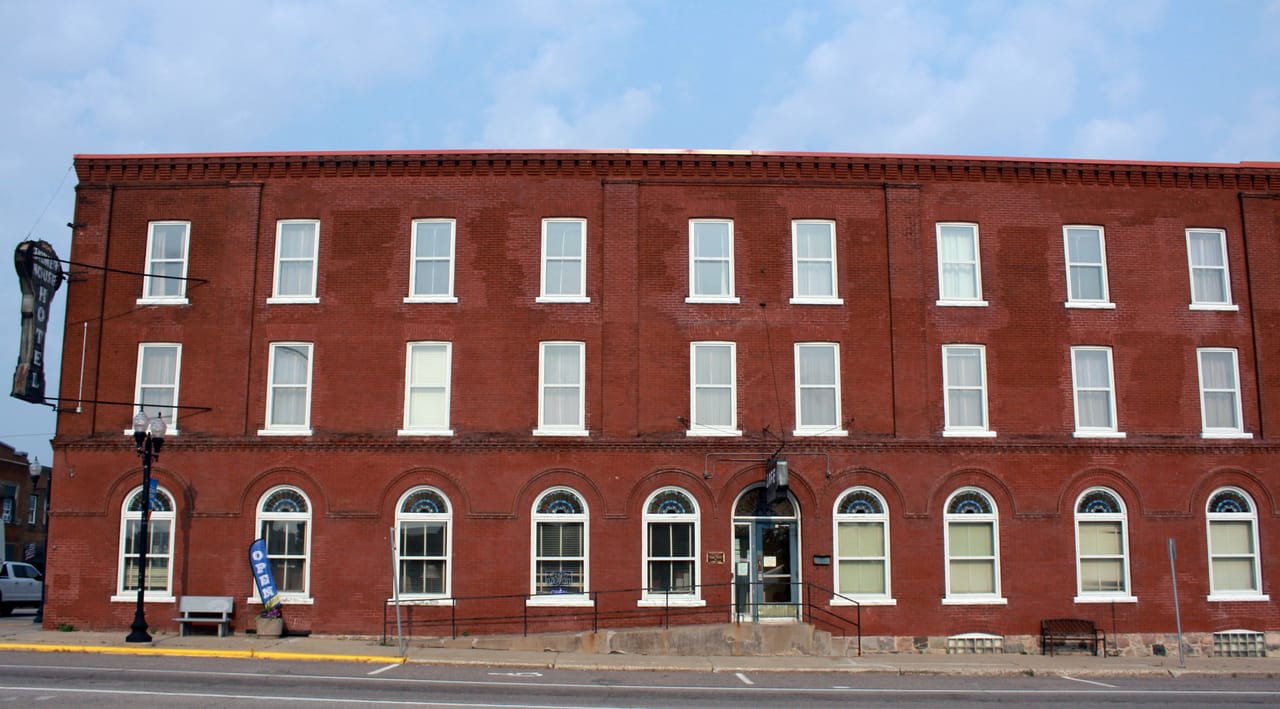 Palmer House Hotel seen along Main Street, Sauk Centre, Minnesota, 2025.