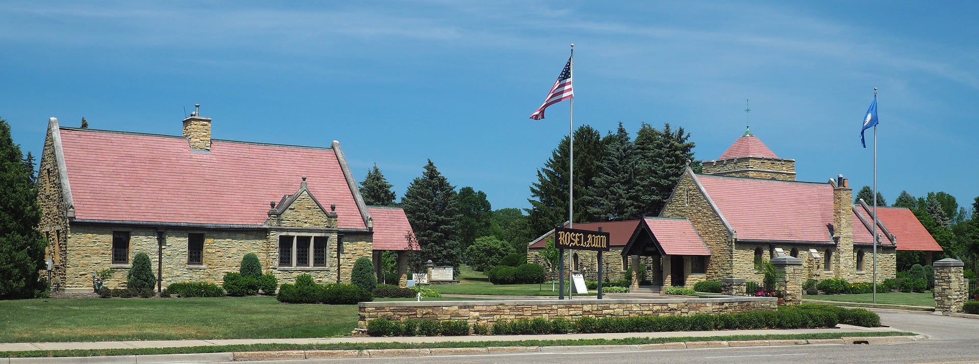 Roselawn Cemetery chapel and administration building in Roseville, Minnesota, designed by Cass Gilbert