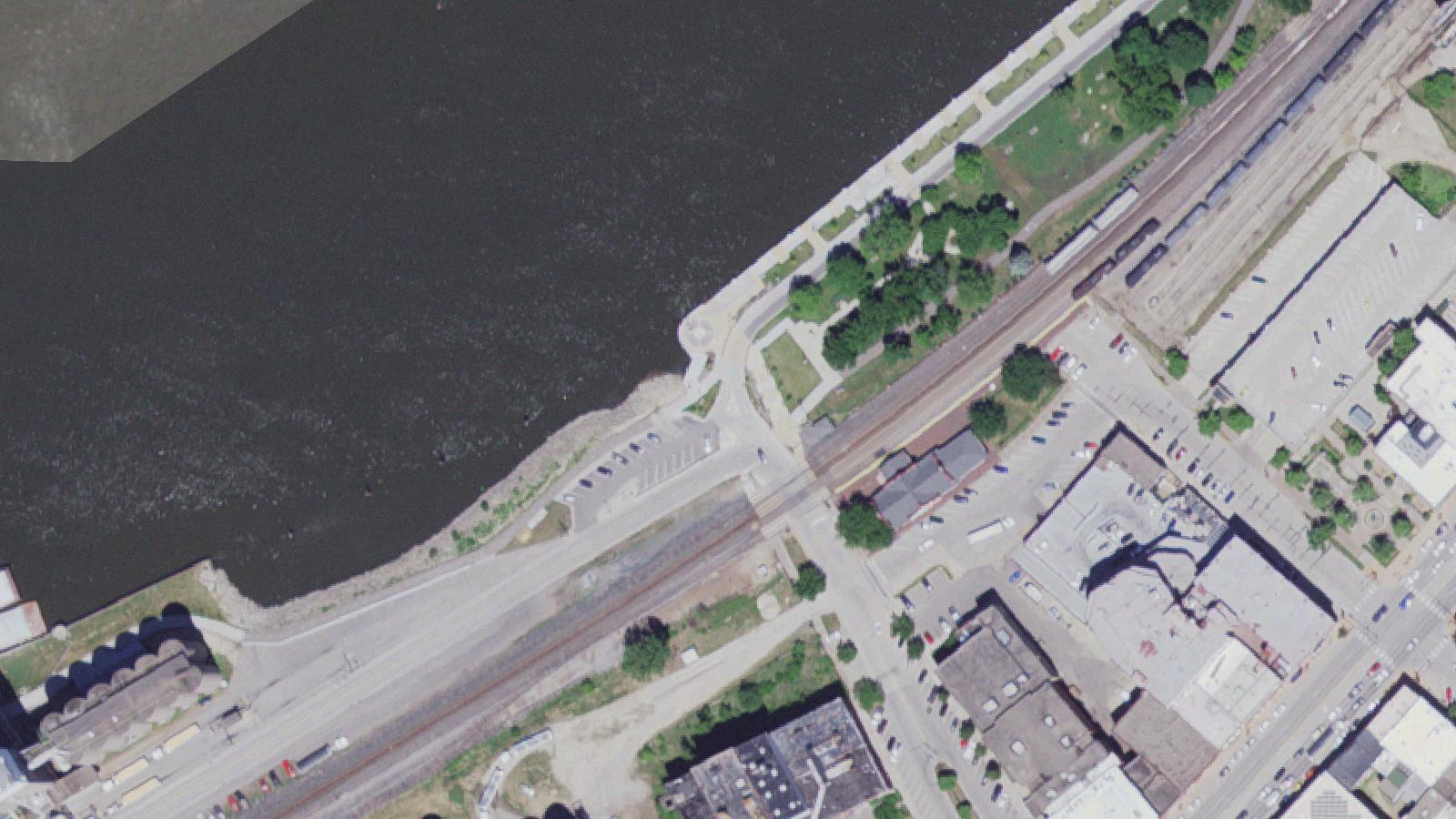 Aerial survey view of Sea Wing Disaster Memorial at Levee Park