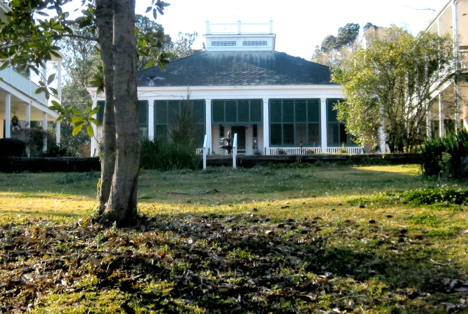 Rear view of the 1853 Greek Revival Lansdowne mansion outside Natchez, Mississippi