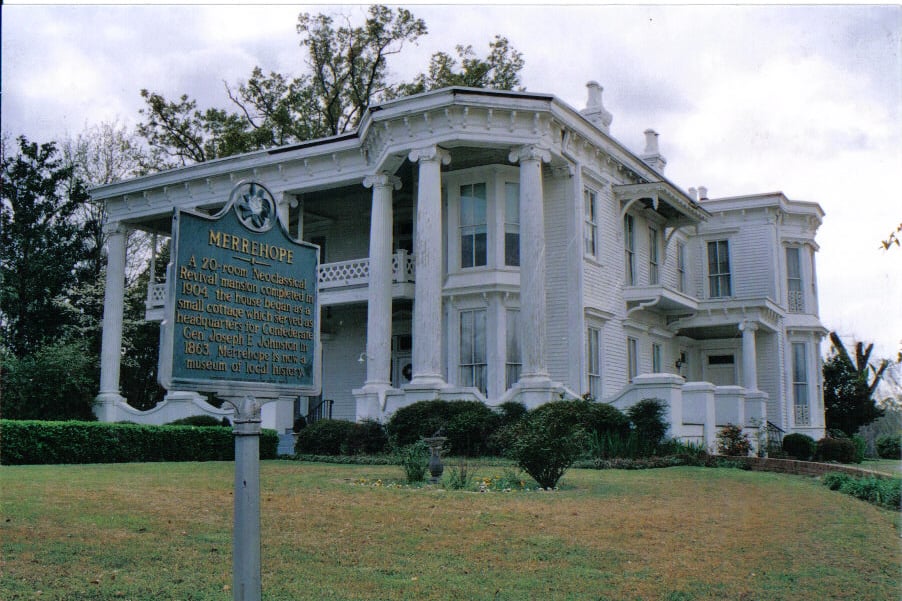 Front facade of Merrehope, a historic Greek Revival and Italianate mansion in Meridian, Mississippi, listed on the National Register.