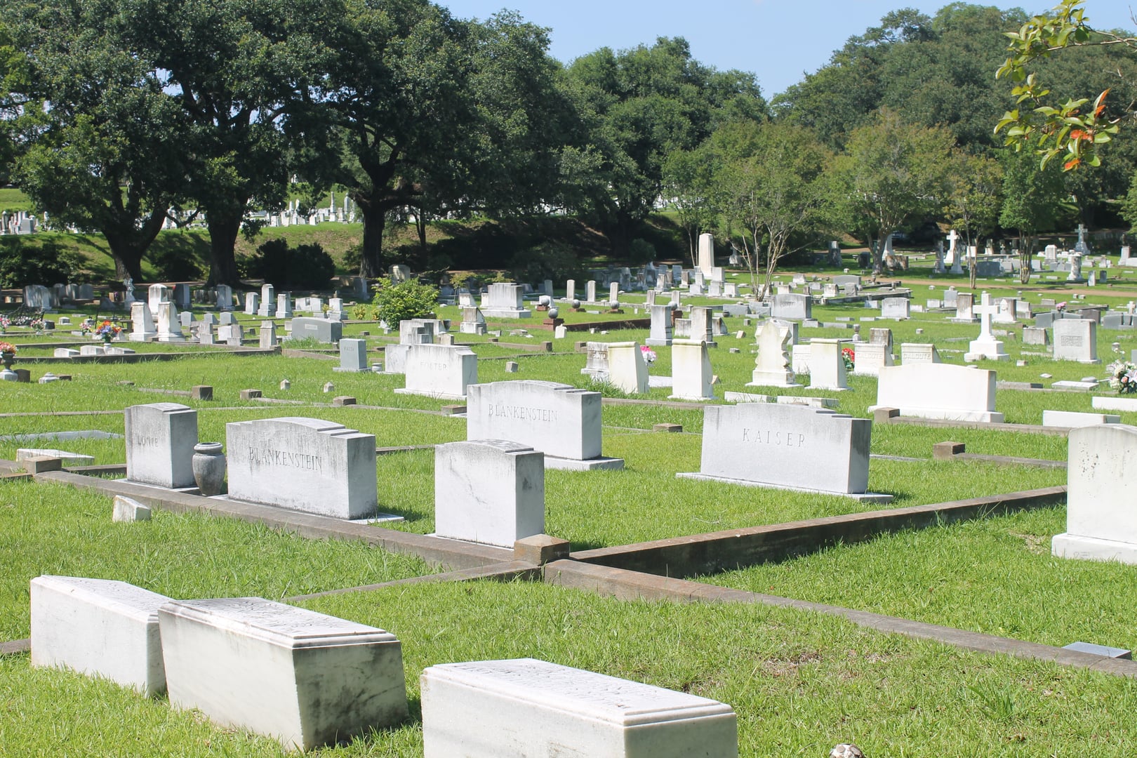 Overview of monuments and headstones at Natchez City Cemetery on the Mississippi River bluff in Adams County, Mississippi