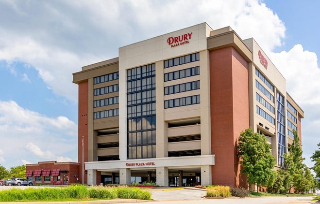 Suburban Drury Plaza Hotel exterior on Olive Boulevard, Creve Coeur
